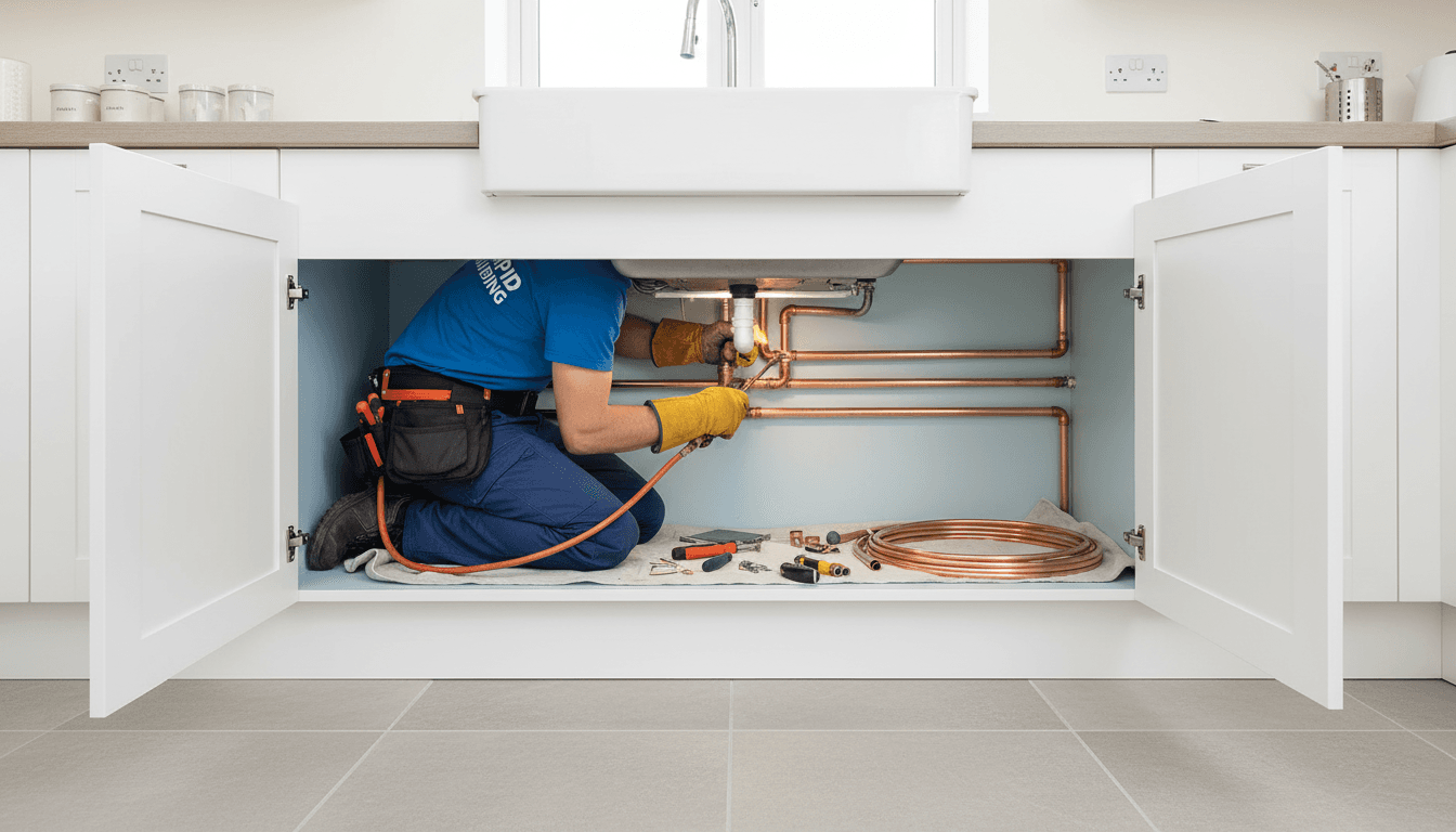 Plumber installing new copper water line in clean residential kitchen under sink area