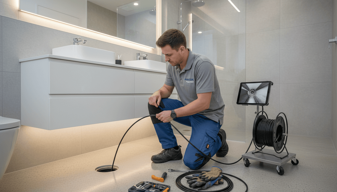 Professional plumber inspecting residential drain line