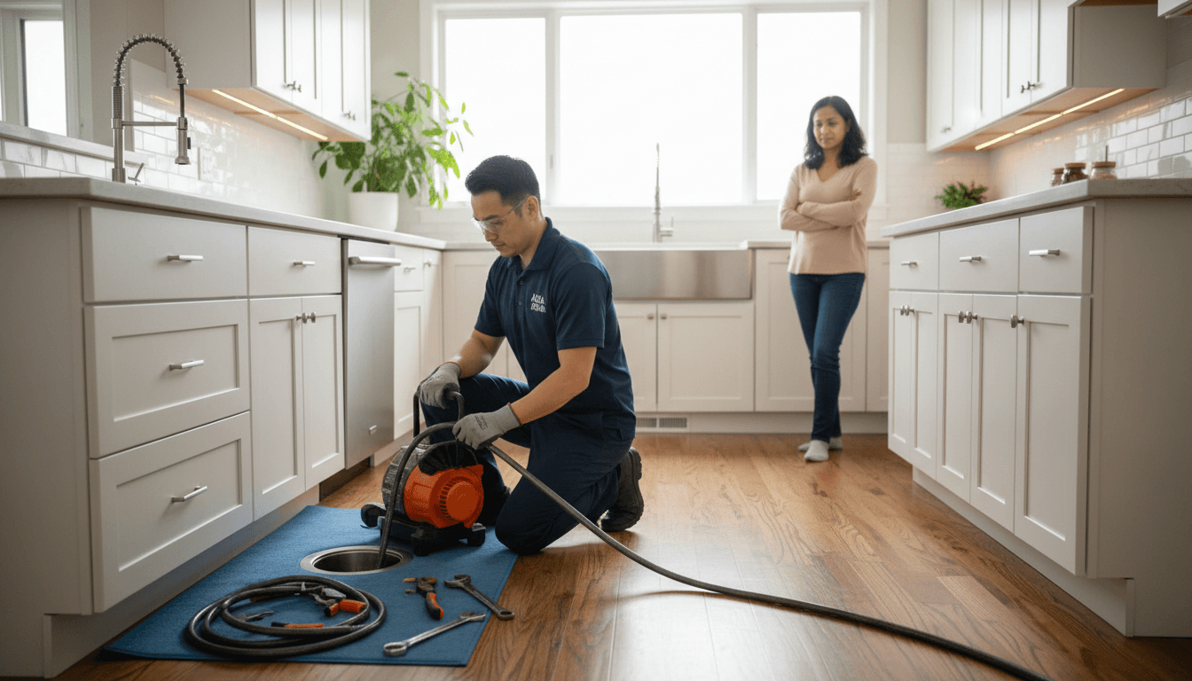 Professional plumber performing drain cleaning service