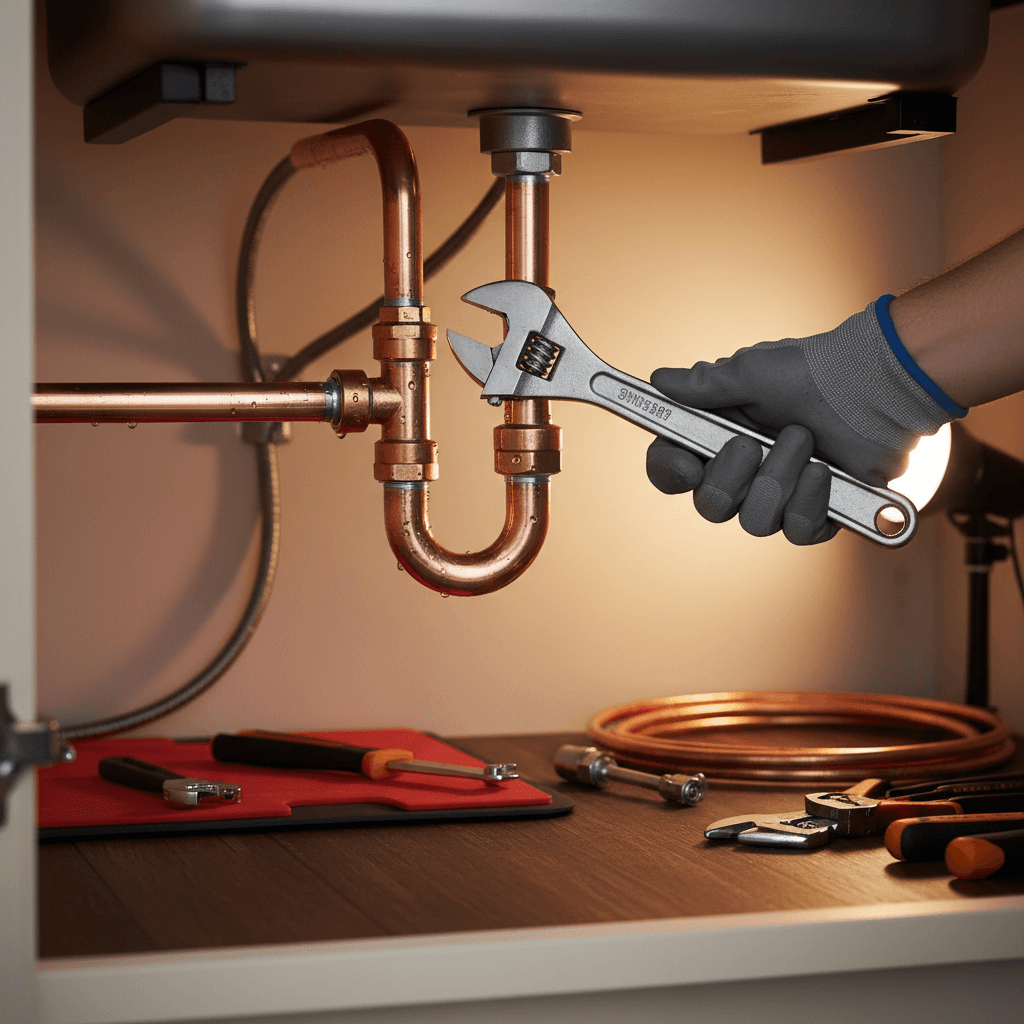 Plumber's hands tightening copper pipe connections under sink with wrench in residential bathroom