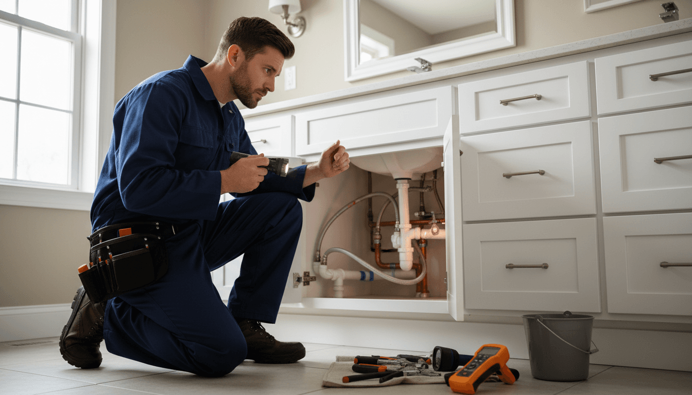 Professional plumber examining drain pipes