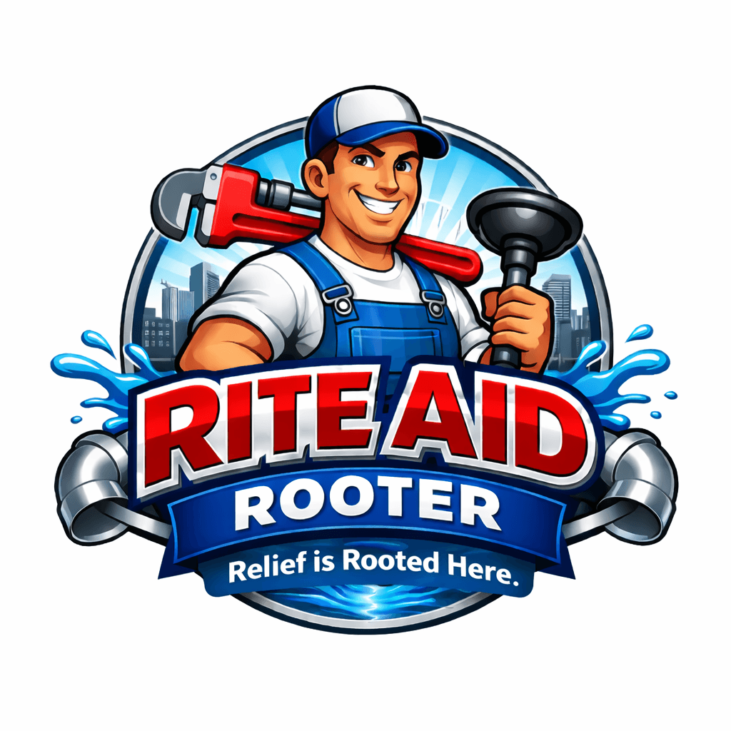 Rite Aid Rooter logo with a smiling plumber, wrench, plunger, and city skyline background.